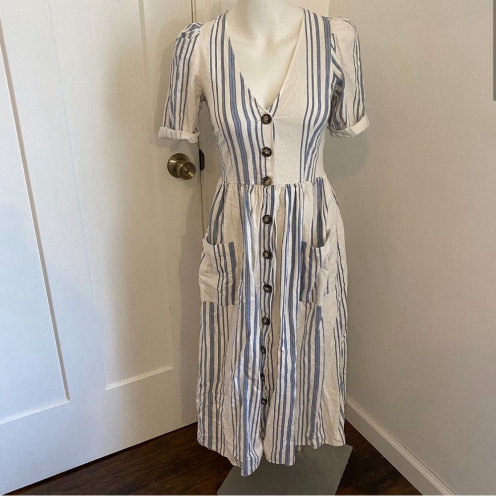 ZARA Trf size S Striped Coastal Blue and White Linen Blend Full Button Dress